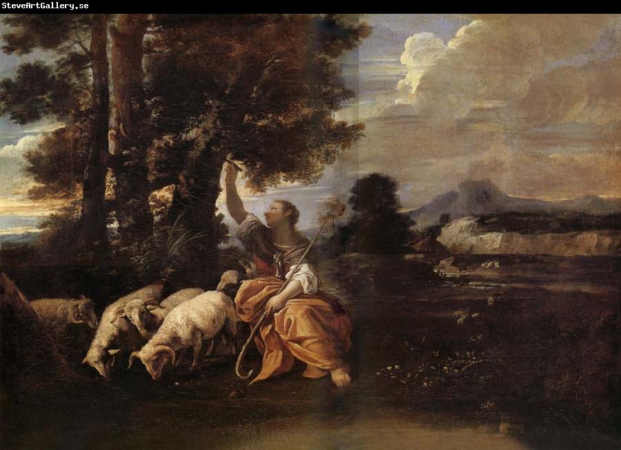 MOLA, Pier Francesco Herminie gardant ses troupeaux grave sur un arbre le nom de Tancrede